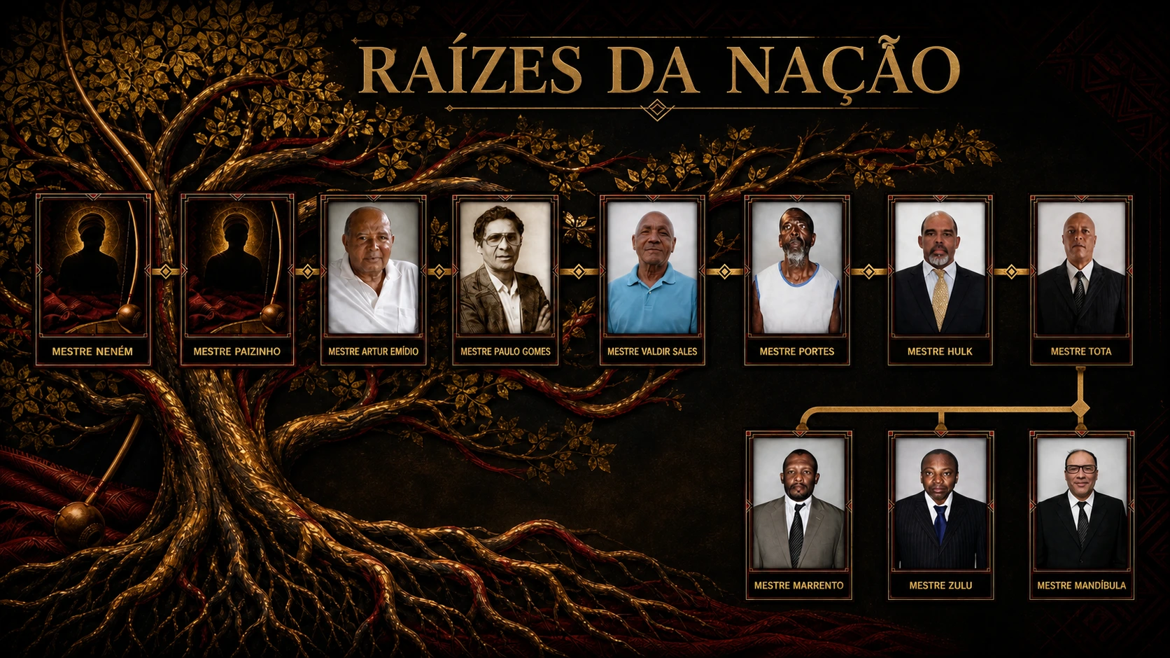 Árvore genealógica Raízes da Nação, de Mestre Neném aos mestres formados pelo Centro Cultural Nação Mestiça