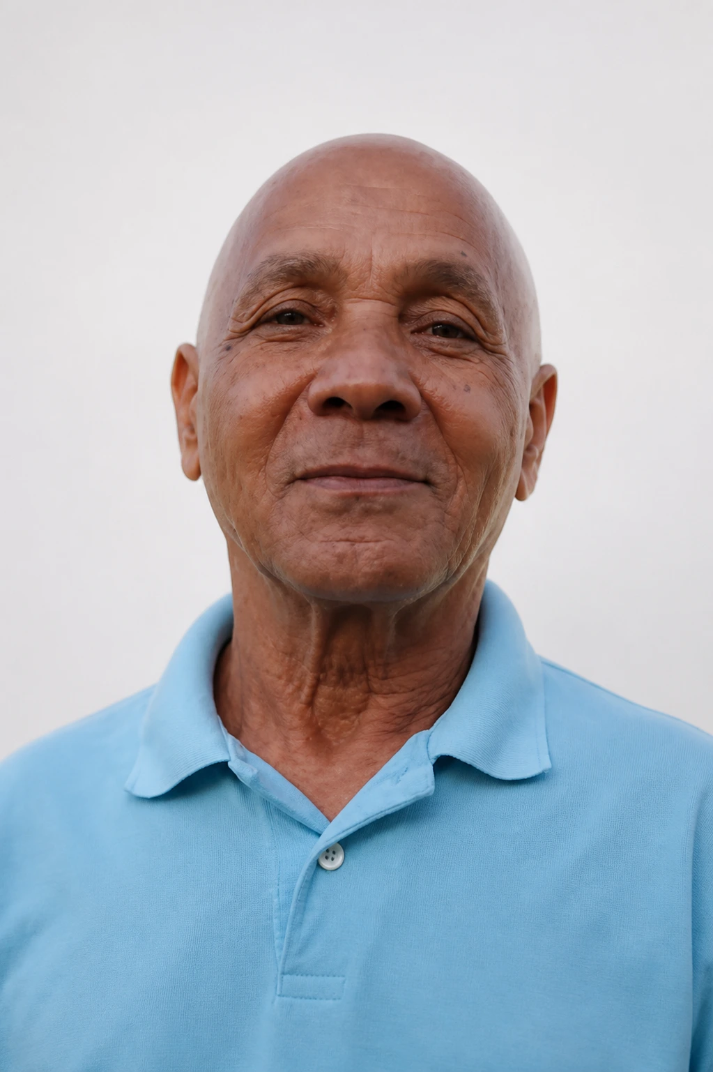 Fotografia restaurada de Mestre Valdir Sales, com camisa azul e fundo branco acinzentado